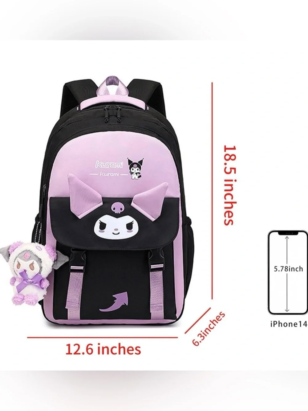 Cute & Pretty Purple KUROMI Casual Travel / School Backpack, with Plush Pendant